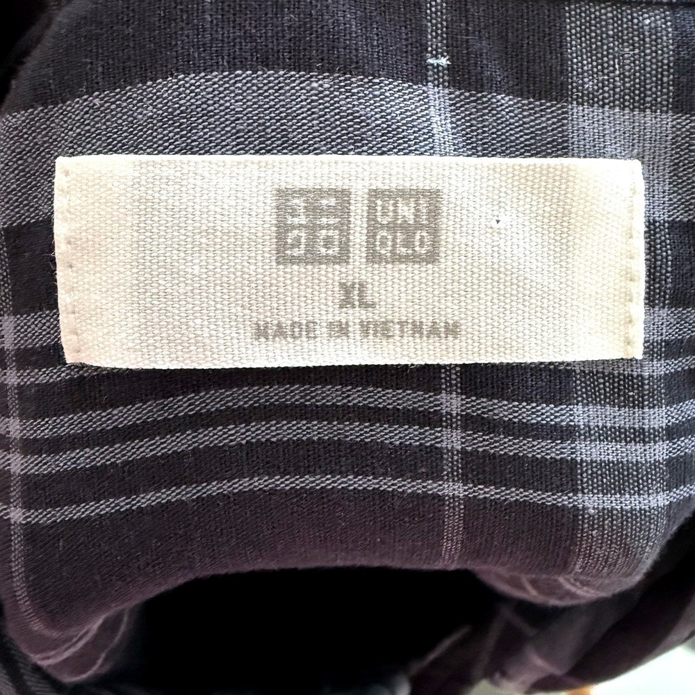 Uniqlo Navy Blue Plaid Linen Cotton Blend XL Short Sleeve Button Front Shirt - Picture 8 of 10
